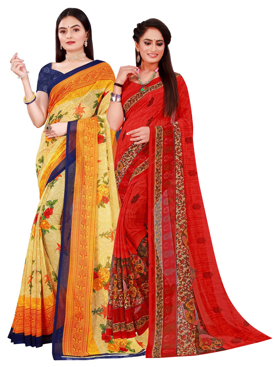 

Florence Pack of 2 Red & Yellow Floral Pure Georgette Saree