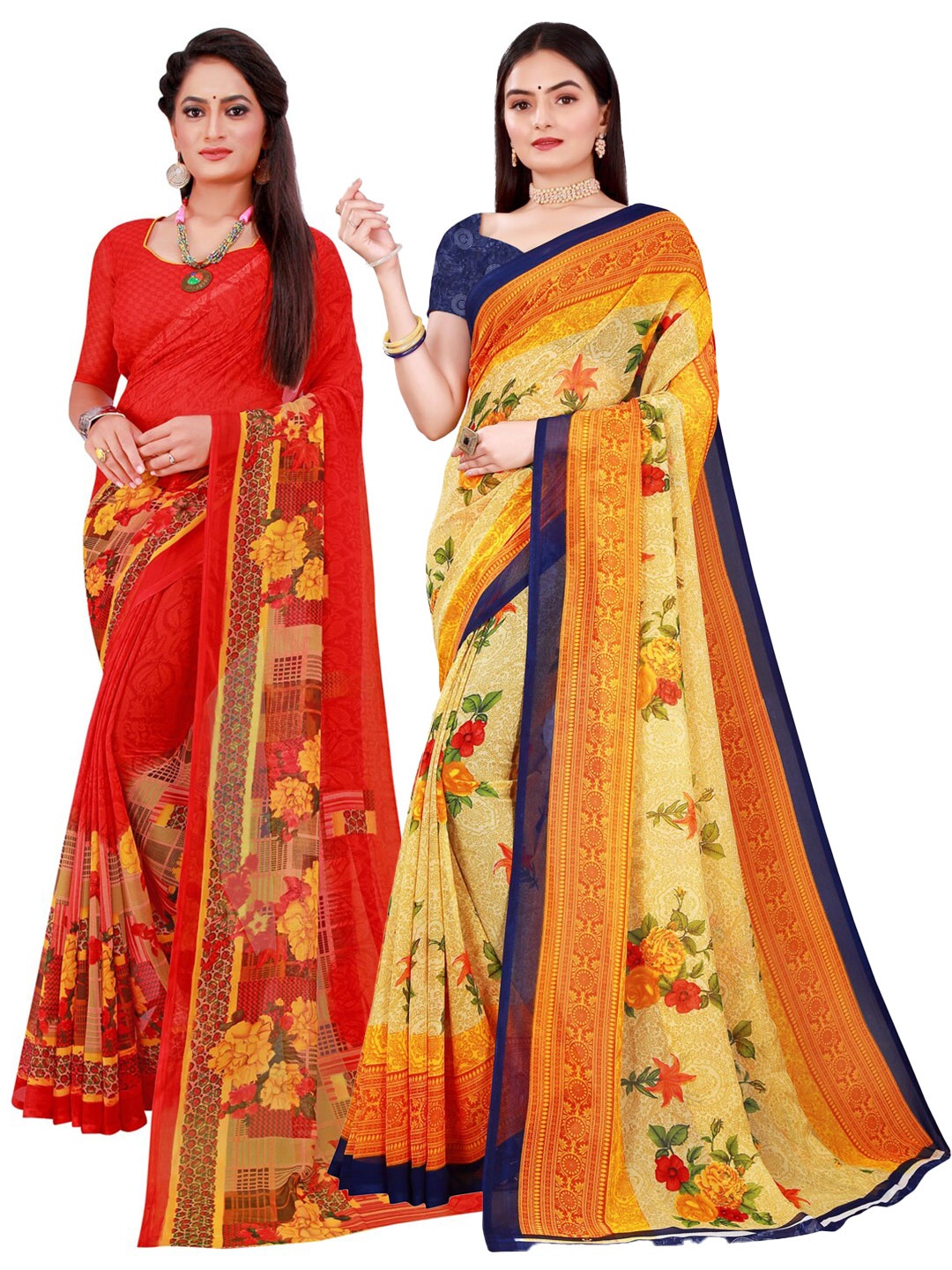 

Florence Pack of 2 Red & Beige Floral Pure Georgette Saree