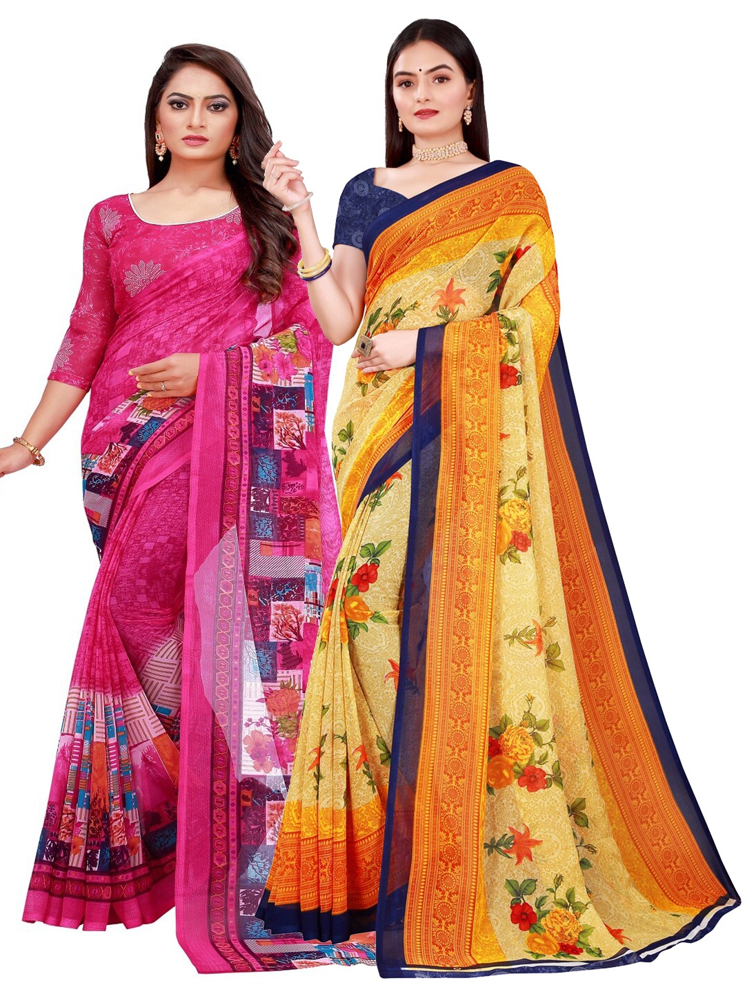 Florence Pack Of 2 Beige & Pink Printed Floral Pure Georgette Saree