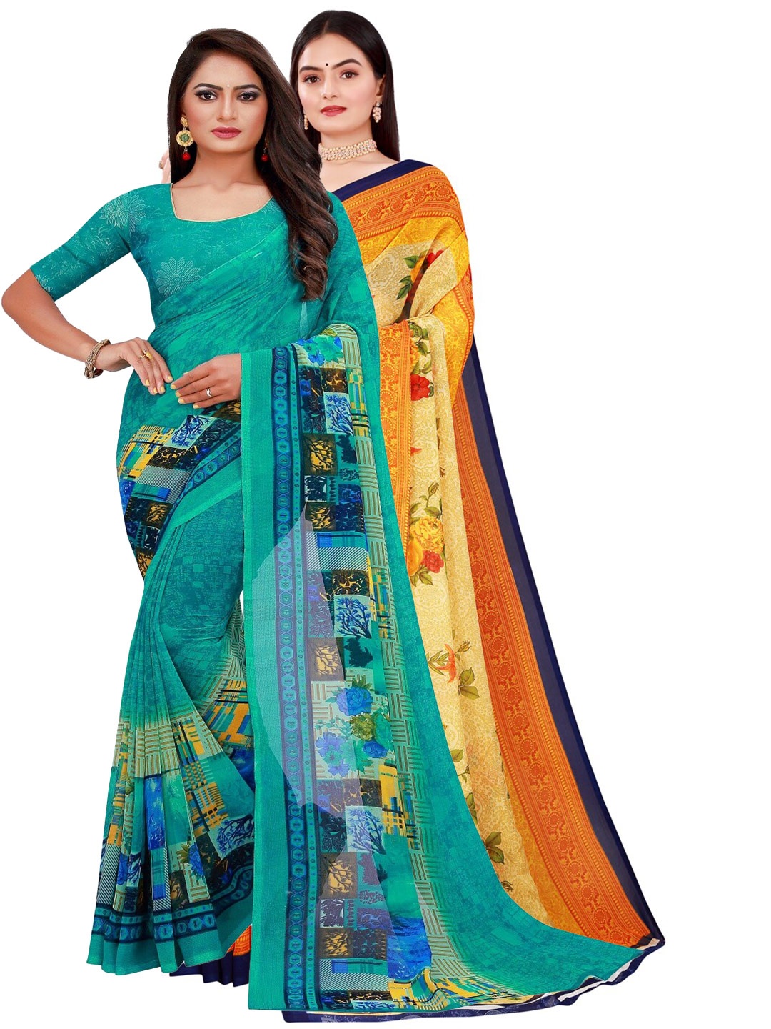 

Florence Beige & Teal Pack Of 2 Floral Pure Georgette Saree