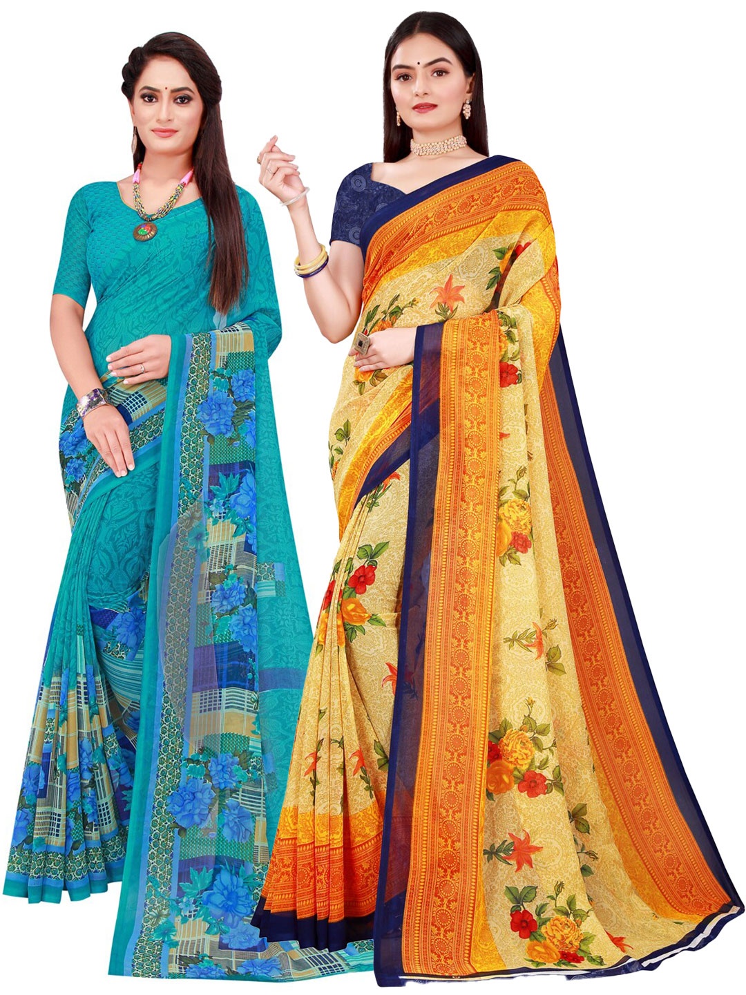 

Florence Pack of 2 Beige & Turquoise Blue Floral Pure Georgette Saree