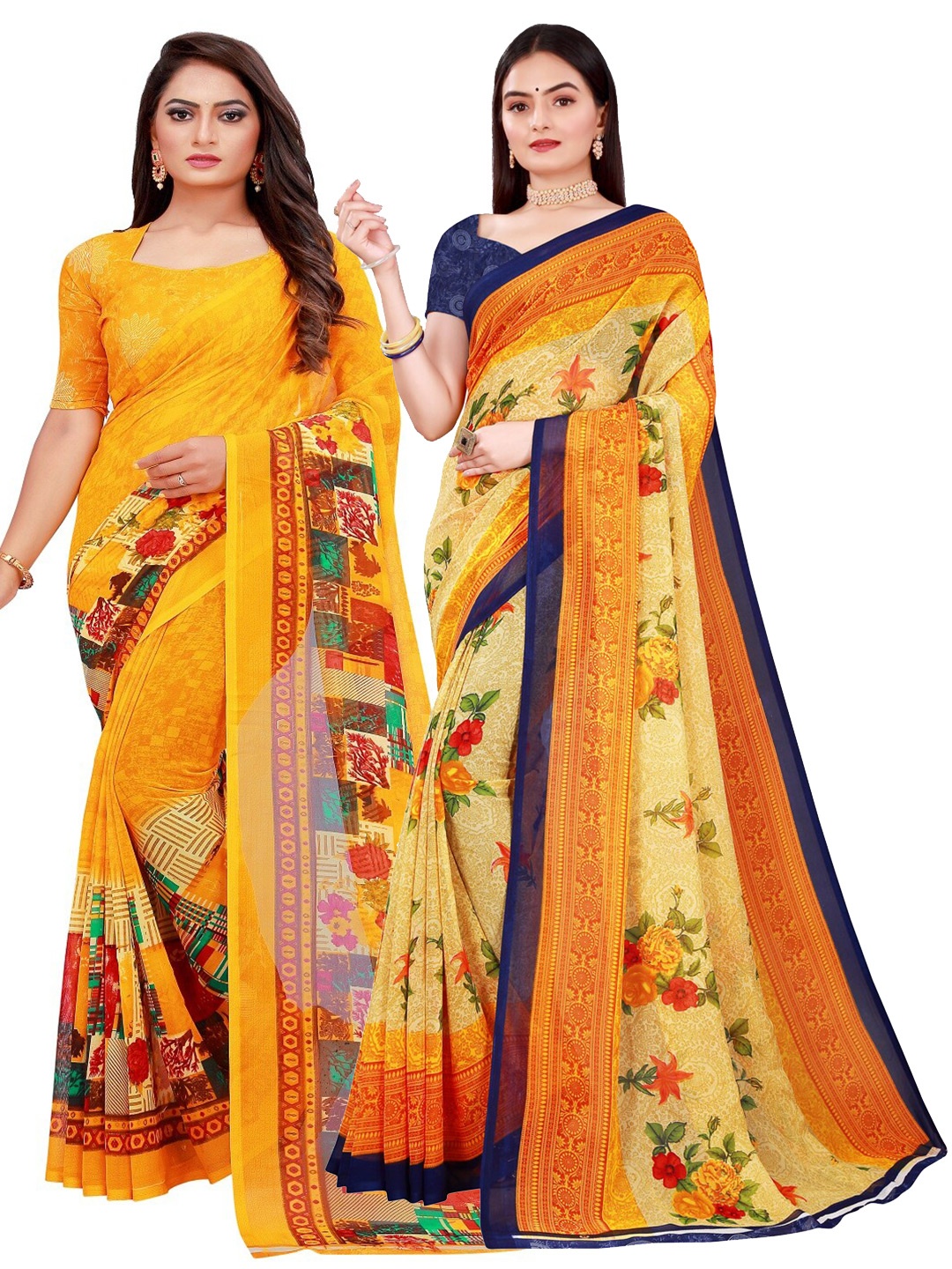 Florence Set Of 2 Red & Yellow Floral Pure Georgette Saree