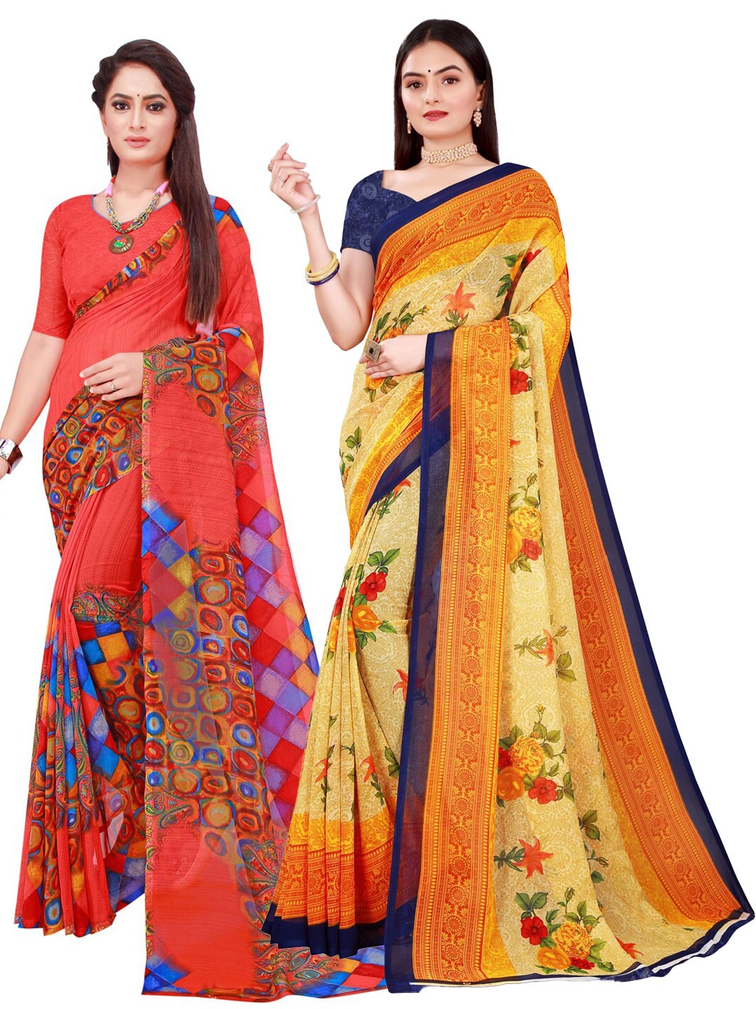 Florence Pack of 2 Yellow & Red Floral Pure Georgette Saree