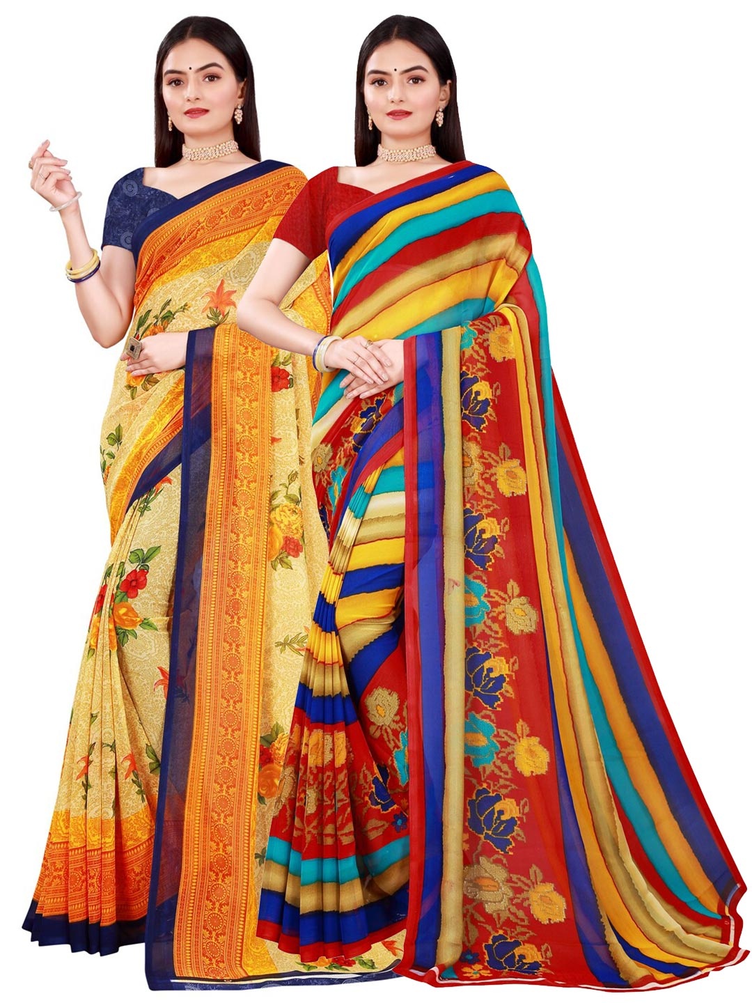 

Florence Women Pack Of 2 Beige & Yellow Printed Pure Georgette Saree, Red