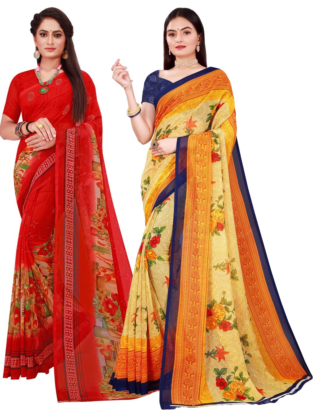 

Florence Beige & Red Set Of 2 Printed Pure Georgette Saree