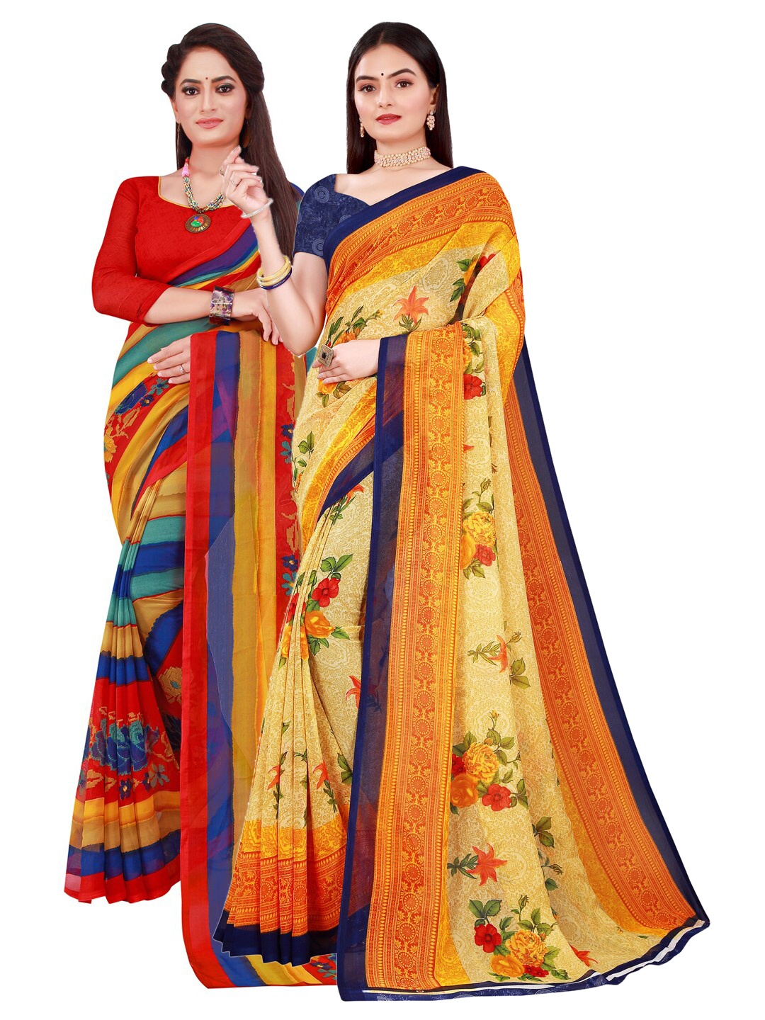

Florence Yellow & Red Pure Georgette Pack Of 2 Saree
