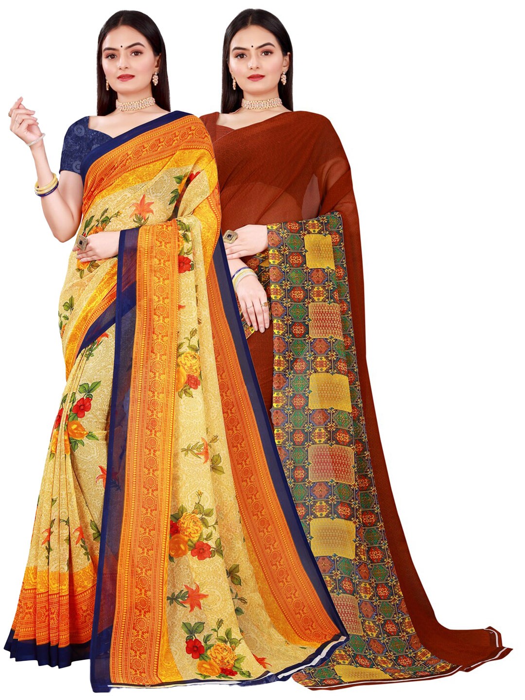 

Florence Pack Of 2 Beige & Maroon Printed Floral Pure Georgette Saree