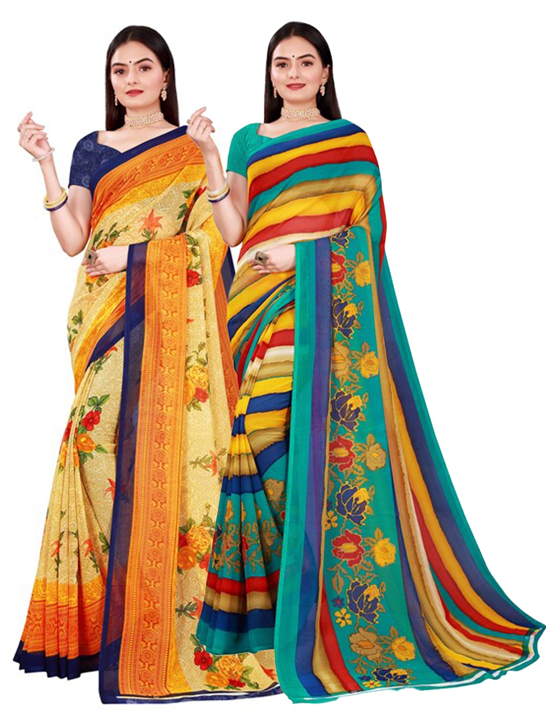 

Florence Set Of 2 Beige & Yellow Floral Pure Georgette Saree