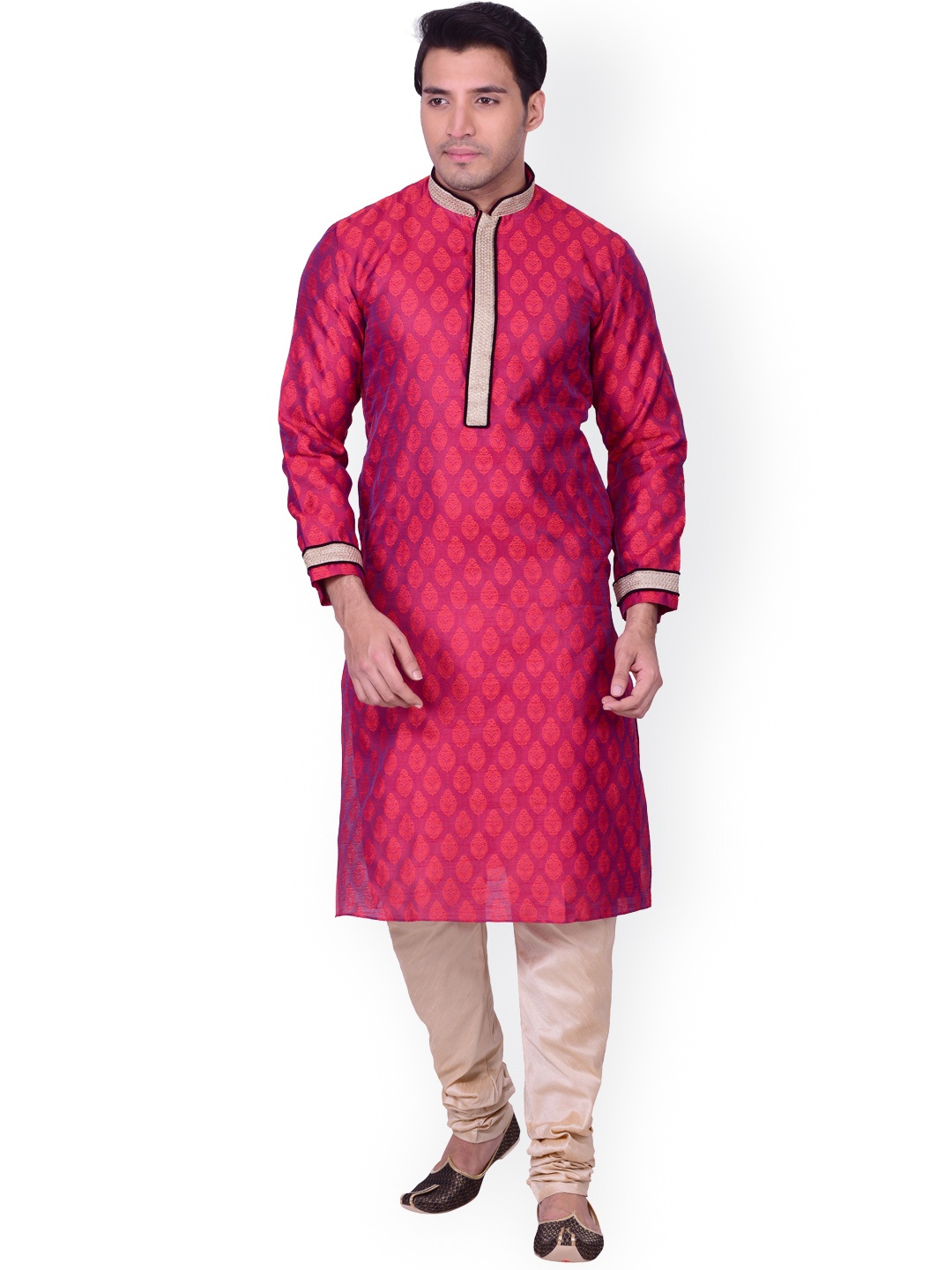 

Manyavar Red & Beige Self Design Kurta with Churidar