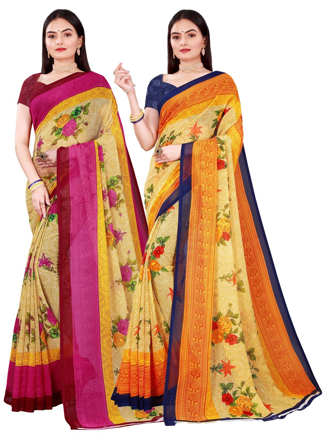

Florence Pack Of 2 Beige & Yellow Floral Pure Georgette Saree