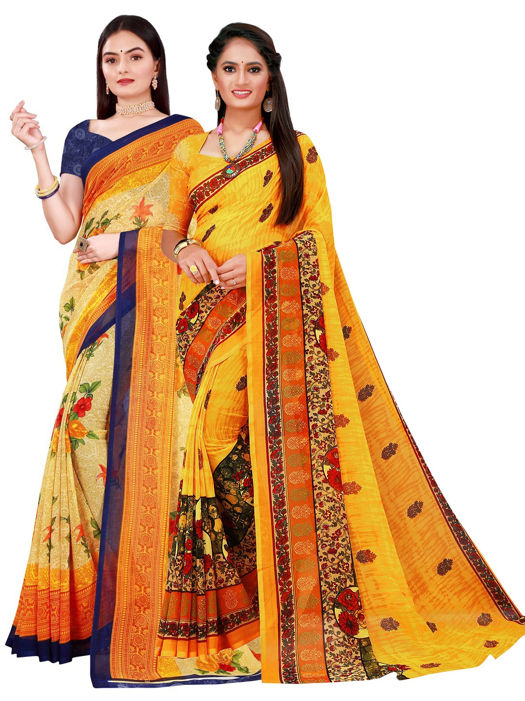 

KALINI Pack of 2 Beige & Yellow Floral Pure Georgette Saree