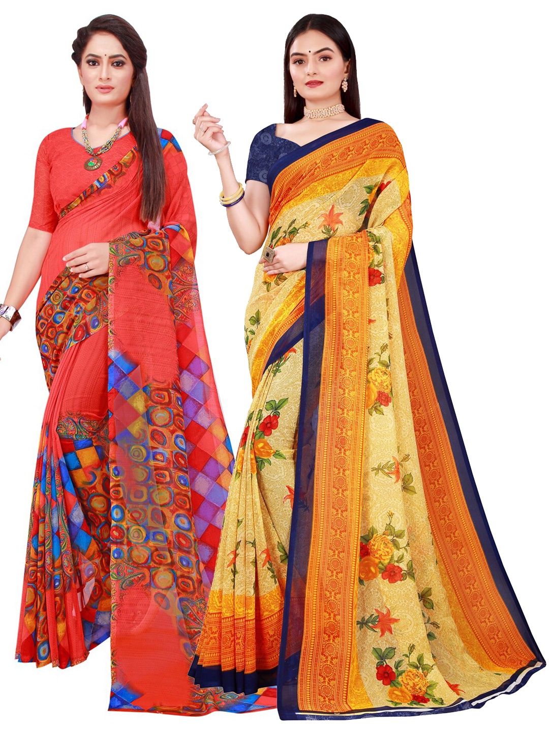 

KALINI Pack of 2 Beige & Red Floral Pure Georgette Saree