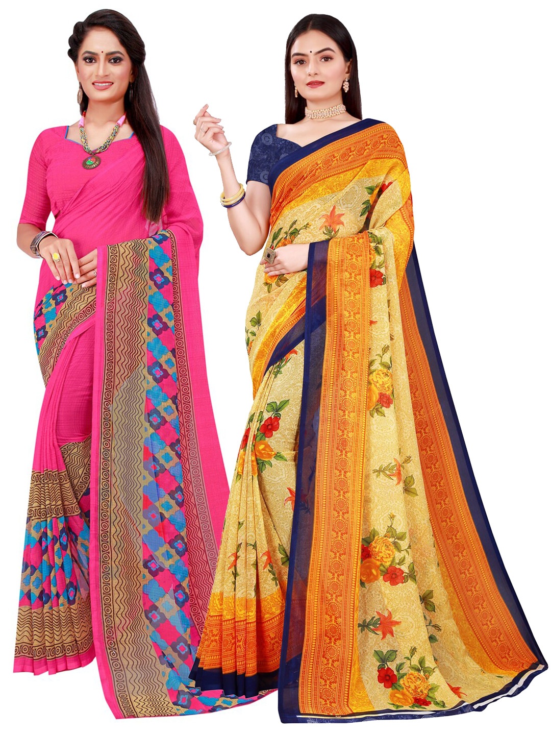 

KALINI Pack of 2 Yellow & Pink Floral Pure Georgette Saree