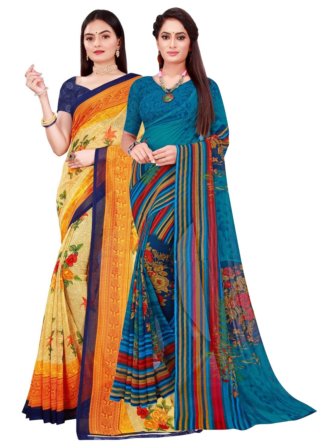 

KALINI Women Pack Of 2 Beige & Blue Printed Pure Georgette Saree