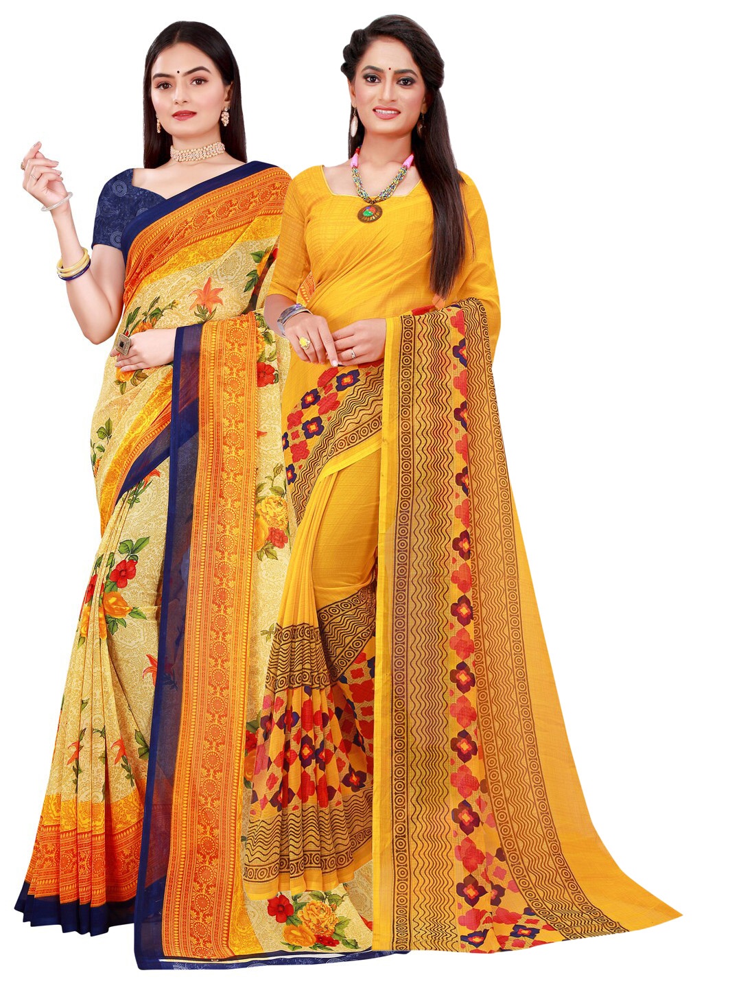 

KALINI Set Of 2 Beige & Yellow Floral Pure Georgette Saree