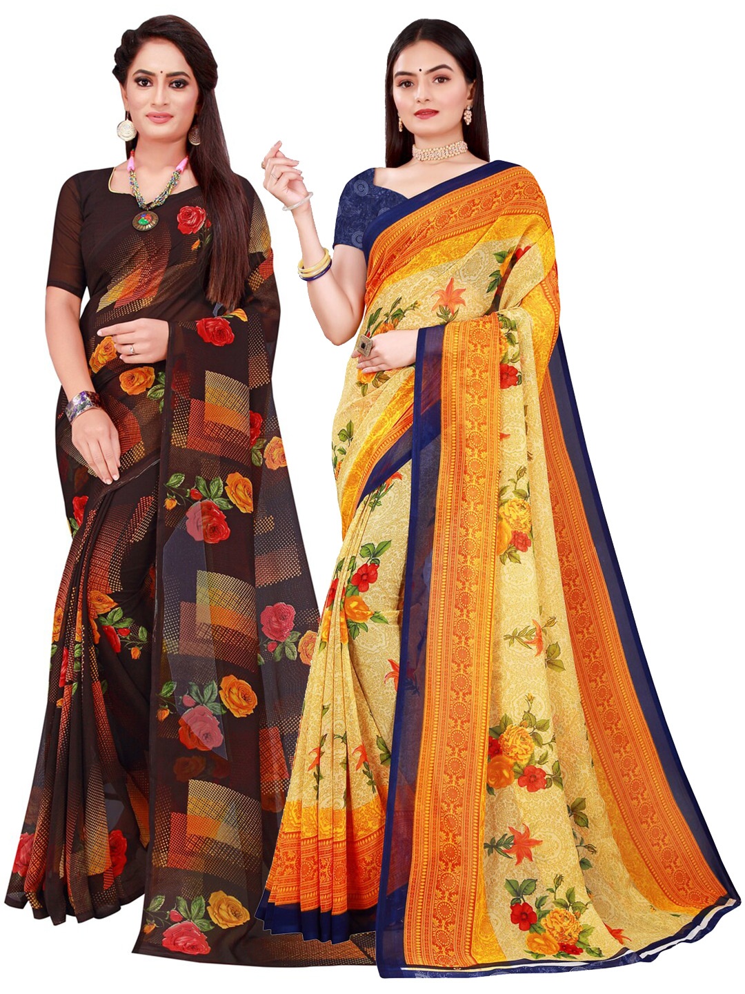 

KALINI Pack of 2 Beige & Brown Pure Georgette Sarees
