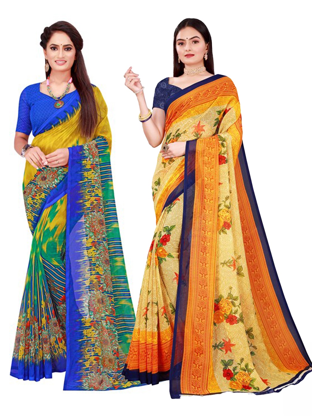 KALINI Beige & Navy Blue Pure Georgette Saree