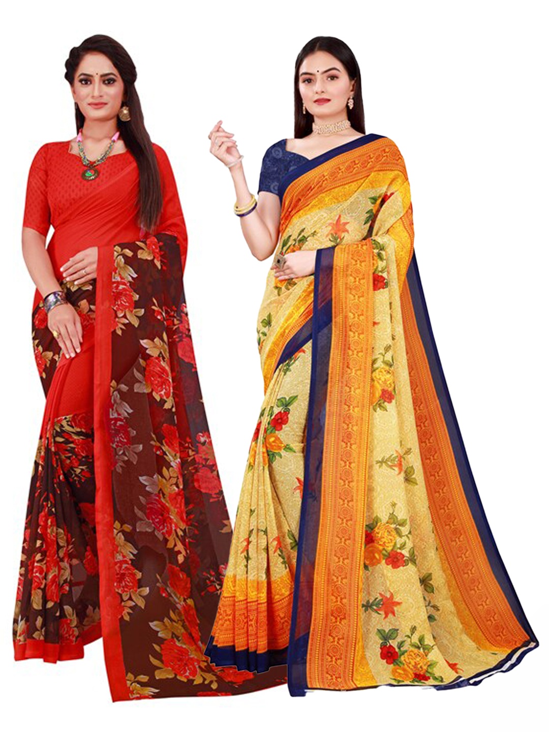 

KALINI Pack Of 2 Beige & Red Printed Floral Pure Georgette Saree