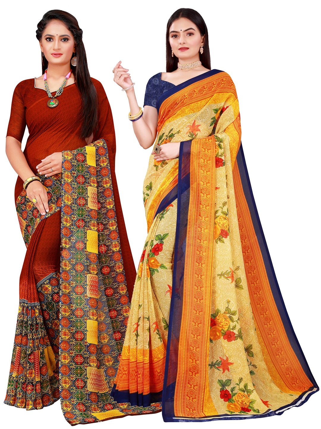 

KALINI Pack of 2 Beige & Maroon Floral Pure Georgette Saree