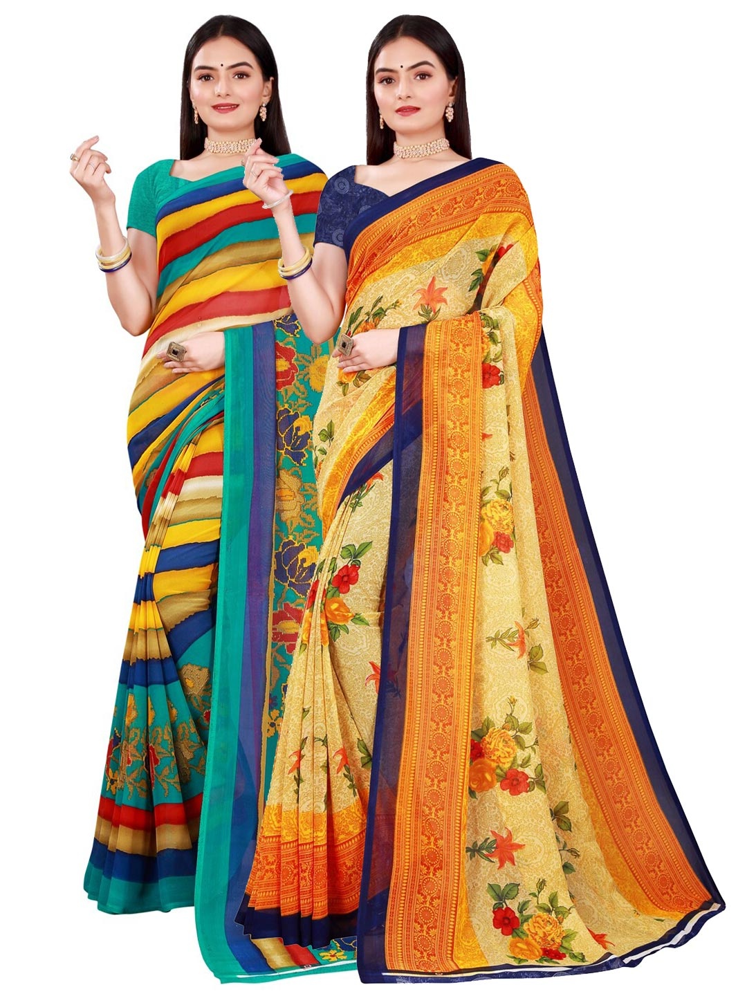 KALINI Set Of 2 Yellow & Beige Floral Pure Georgette Sarees