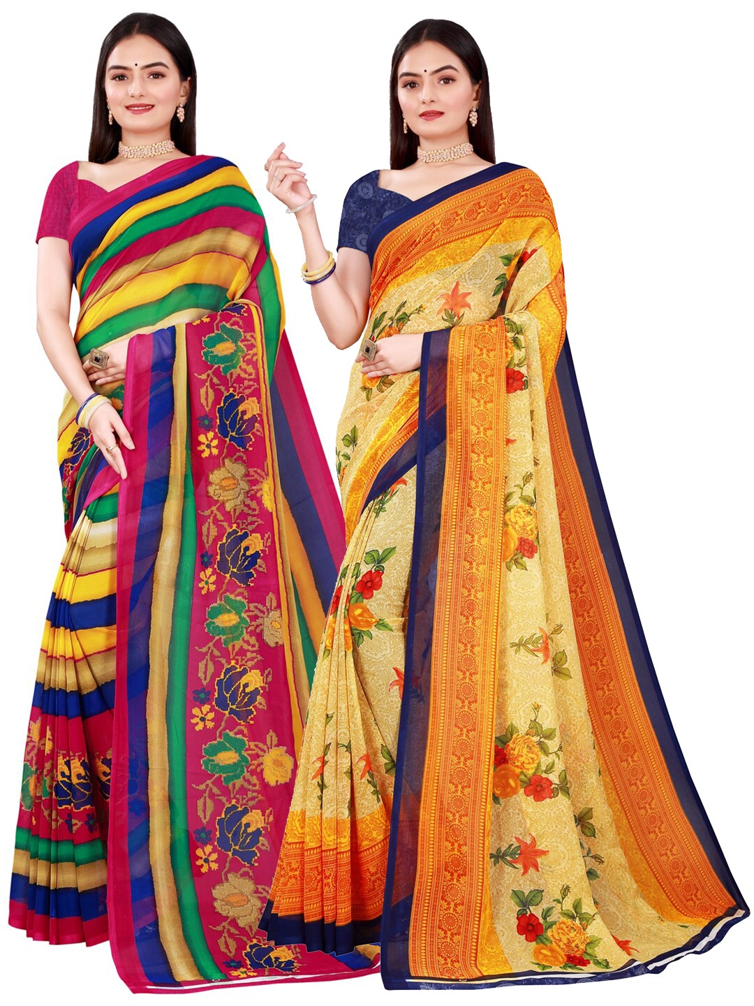 KALINI Pack Of 2 Yellow & Navy Blue Floral Pure Georgette Saree