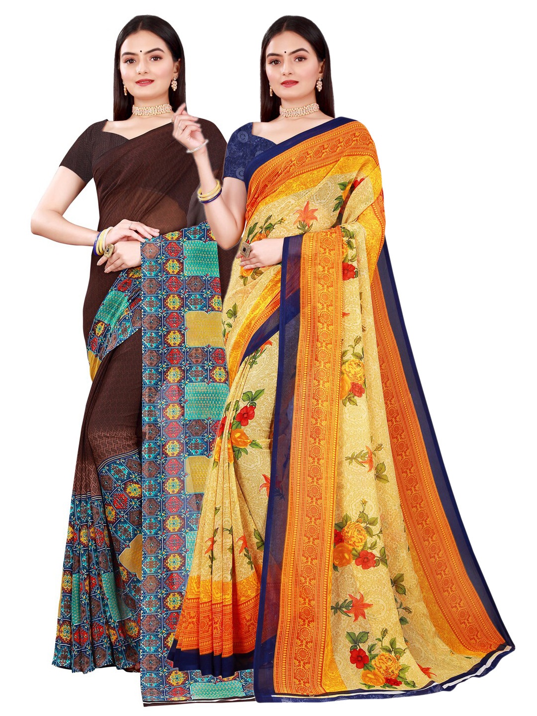 

KALINI Pack of 2 Yellow & Brown Floral Pure Georgette Saree