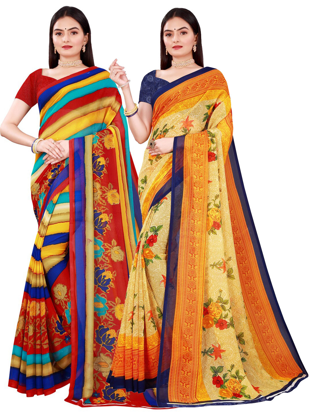 

KALINI Pack of 2 Maroon & Yellow Pure Georgette Saree