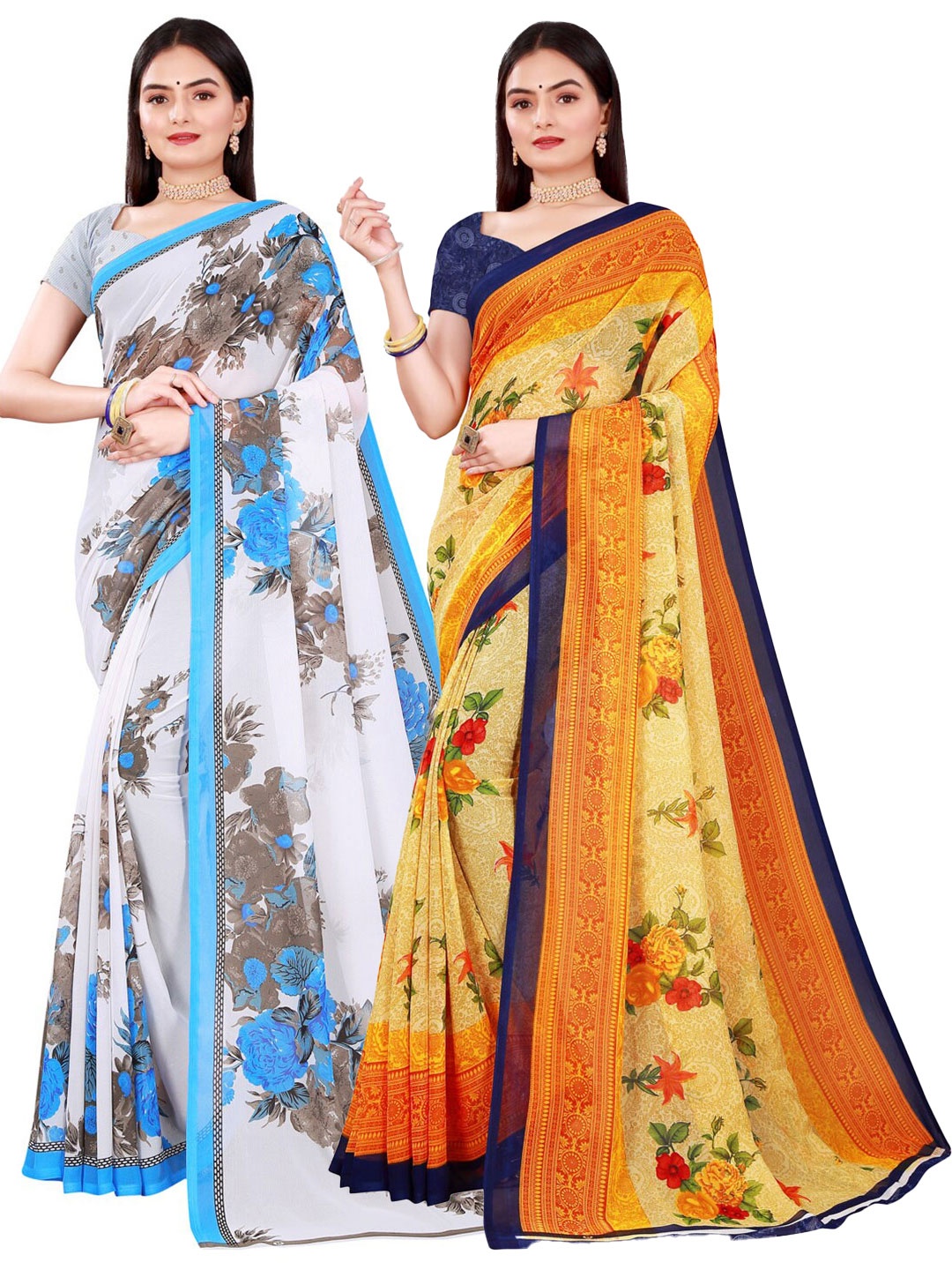 

KALINI Beige & White Set Of 2 Printed Pure Georgette Saree
