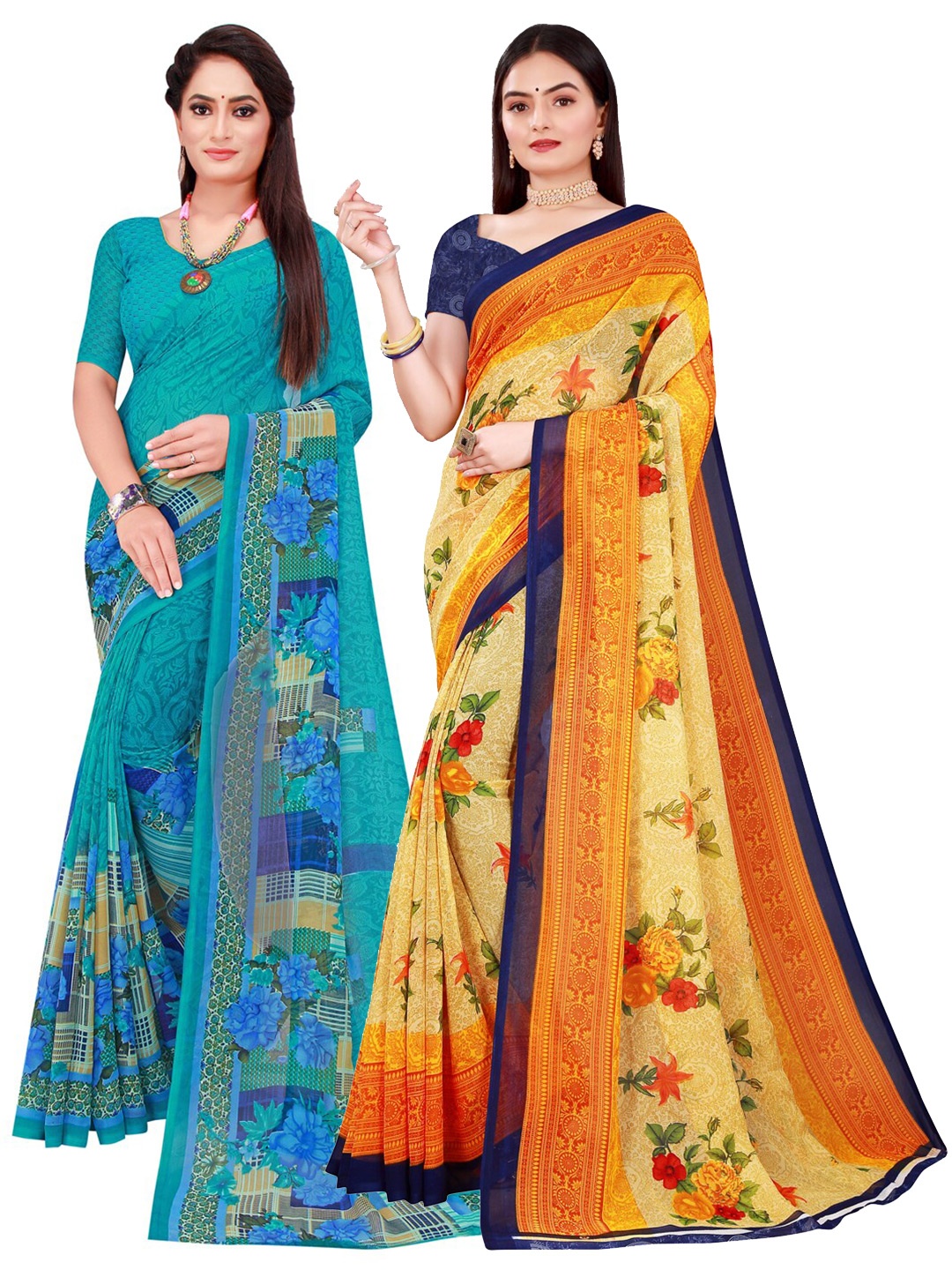 

KALINI Pack of 2 Beige & Turquoise Blue Floral Pure Georgette Saree