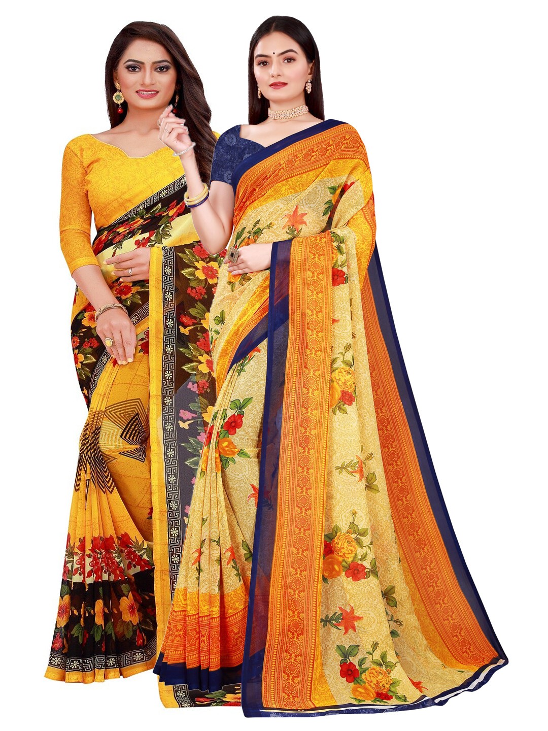 

KALINI Beige & Yellow Floral Pure Georgette Pack Of 2 Saree