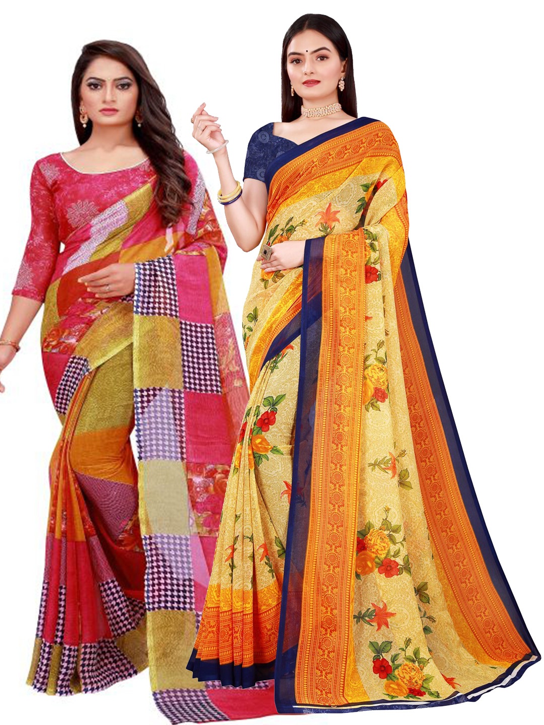 

KALINI Set Of 2 Beige & Red Floral Pure Georgette Saree