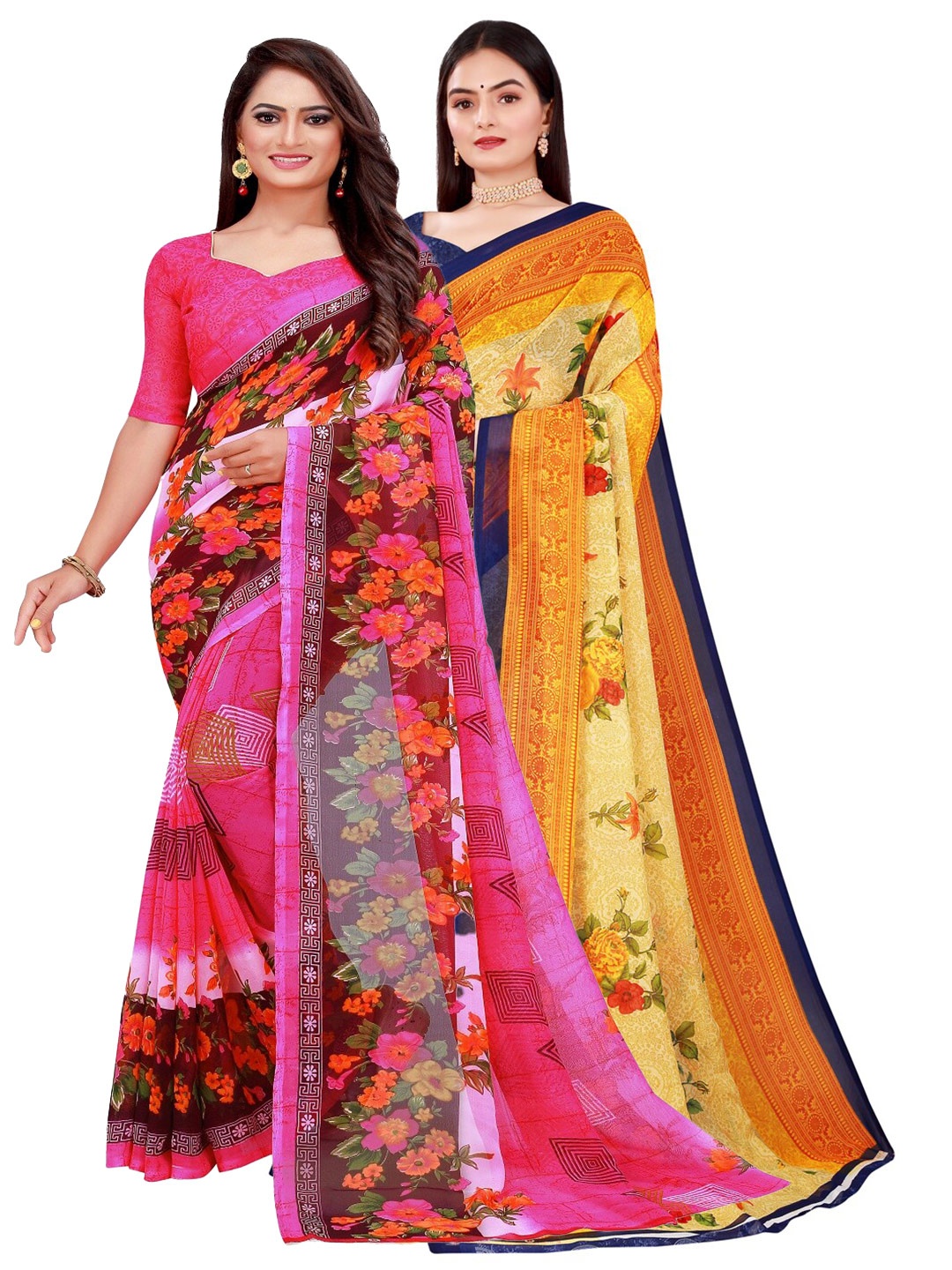 

KALINI Pack Of 2 Beige & Pink Floral Pure Georgette Saree