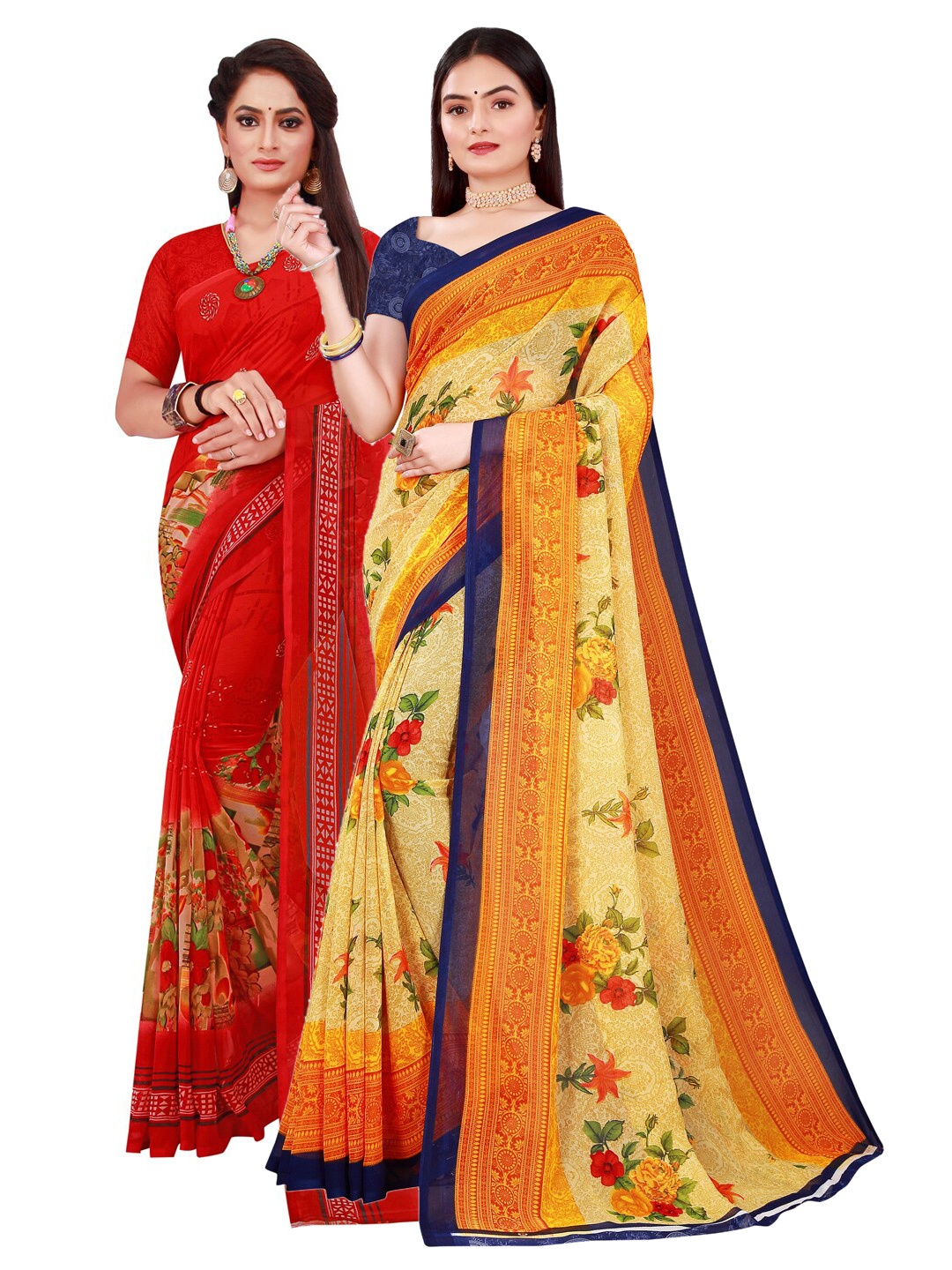 

KALINI Pack of 2 Yellow & Red Floral Pure Georgette Saree
