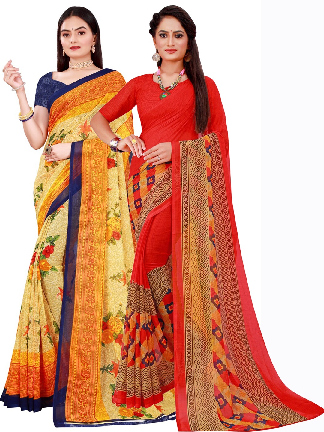 

KALINI Pack of 2 Beige & Red Floral Pure Georgette Saree