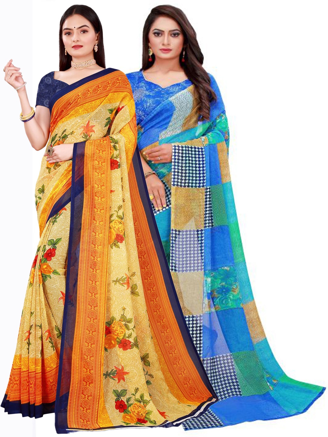 

KALINI Pack Of 2 Beige & Orange Printed Pure Georgette Saree With Unstitched Blouse
