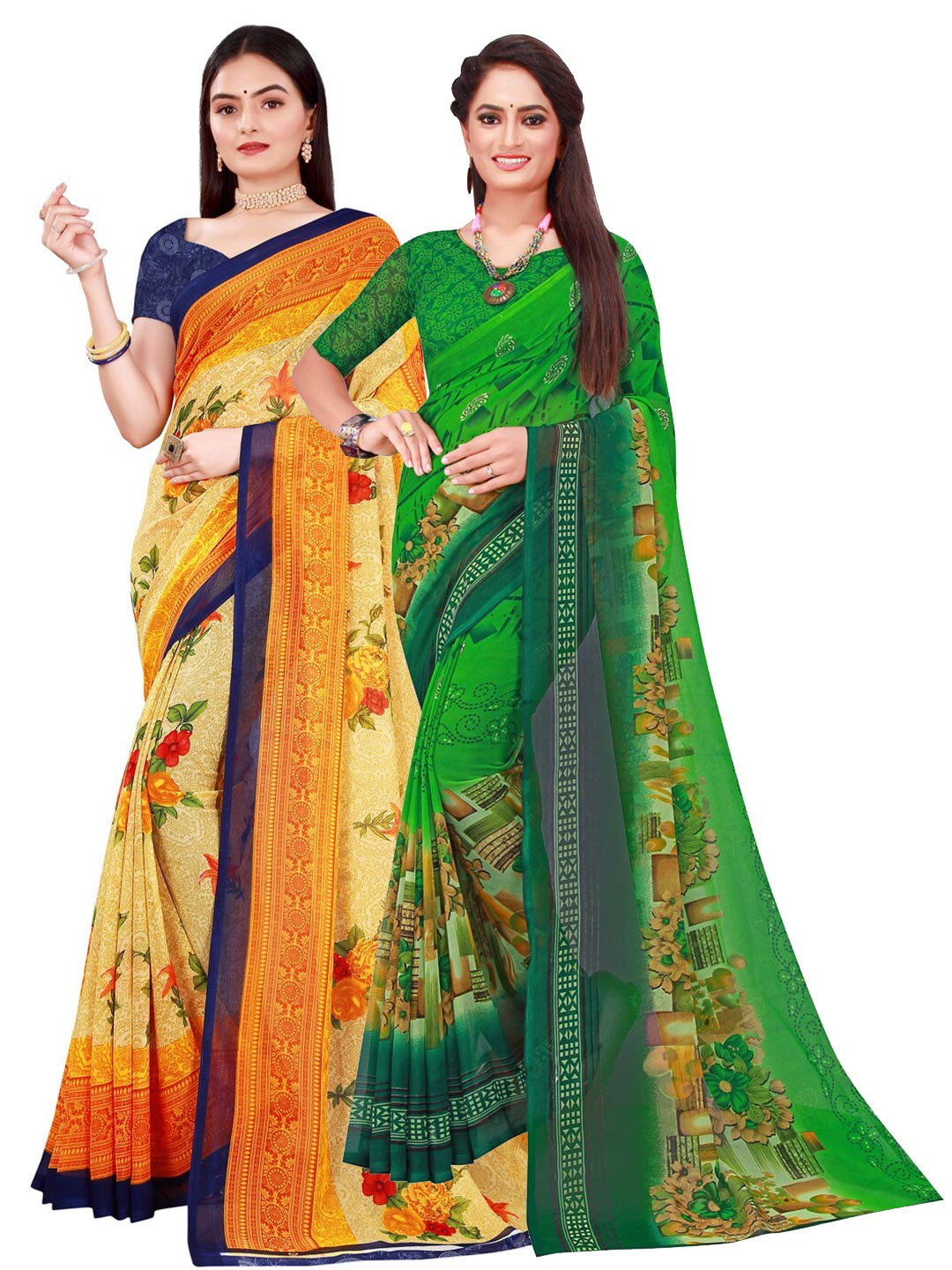 

KALINI Women Pack Of 2 Beige & Green Printed Pure Georgette Saree