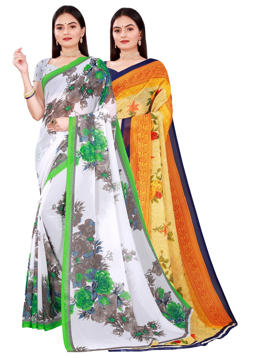 

KALINI Pack Of 2 Beige & White Printed Floral Pure Georgette Saree