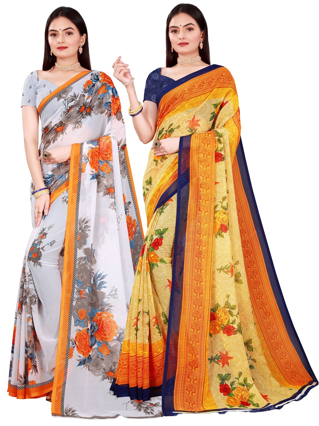 

KALINI Pack of 2 Beige & White Floral Pure Georgette Saree