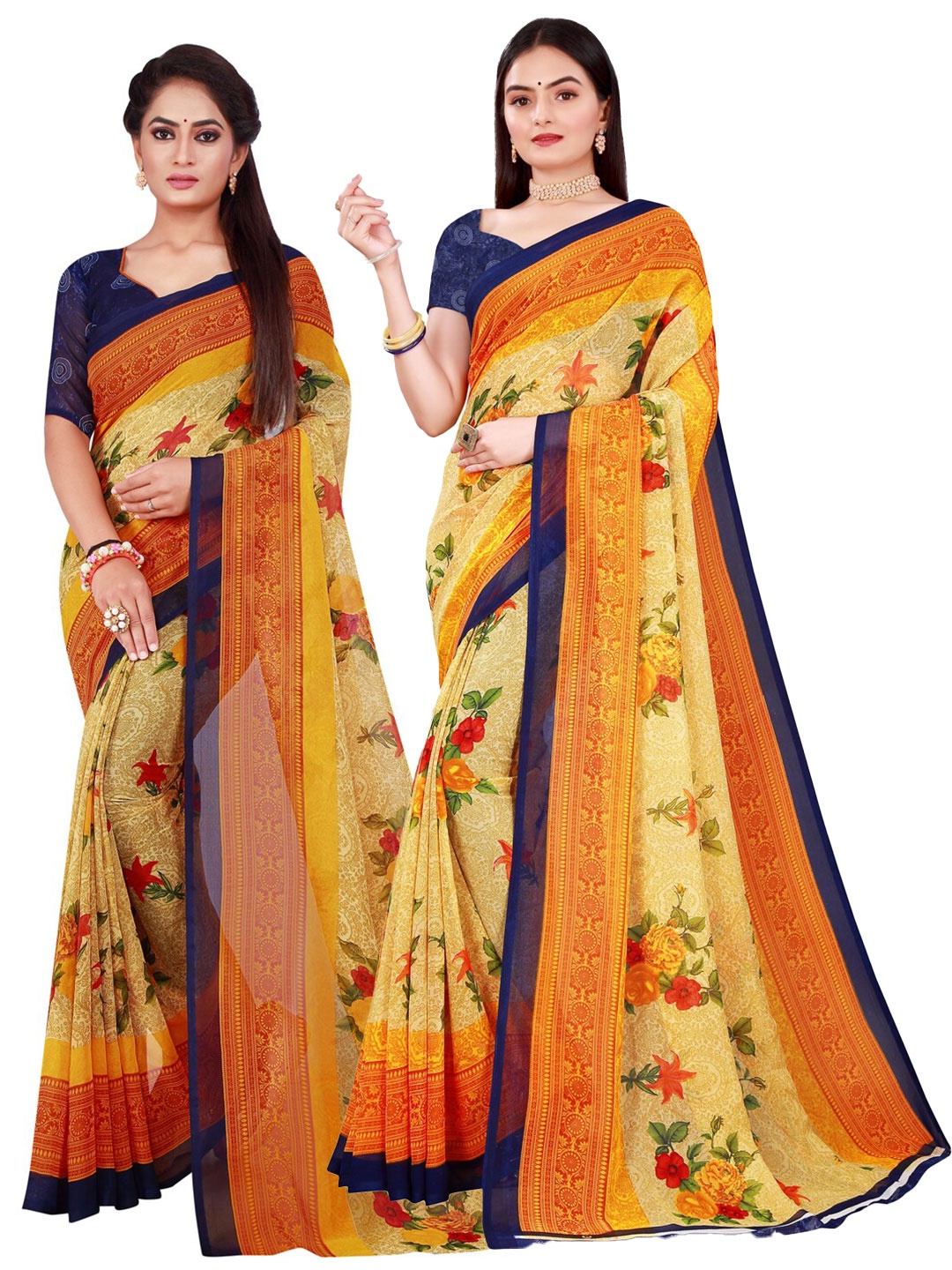 

KALINI Set Of 2 Beige & Yellow Floral Pure Georgette Saree