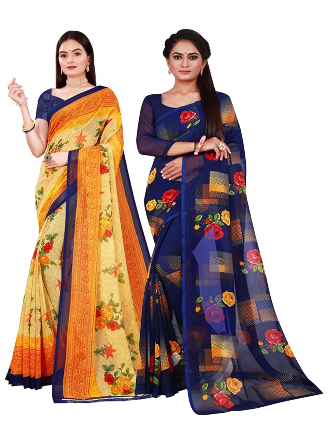 

KALINI Set Of 2 Beige & Navy Blue Floral Pure Georgette Sarees