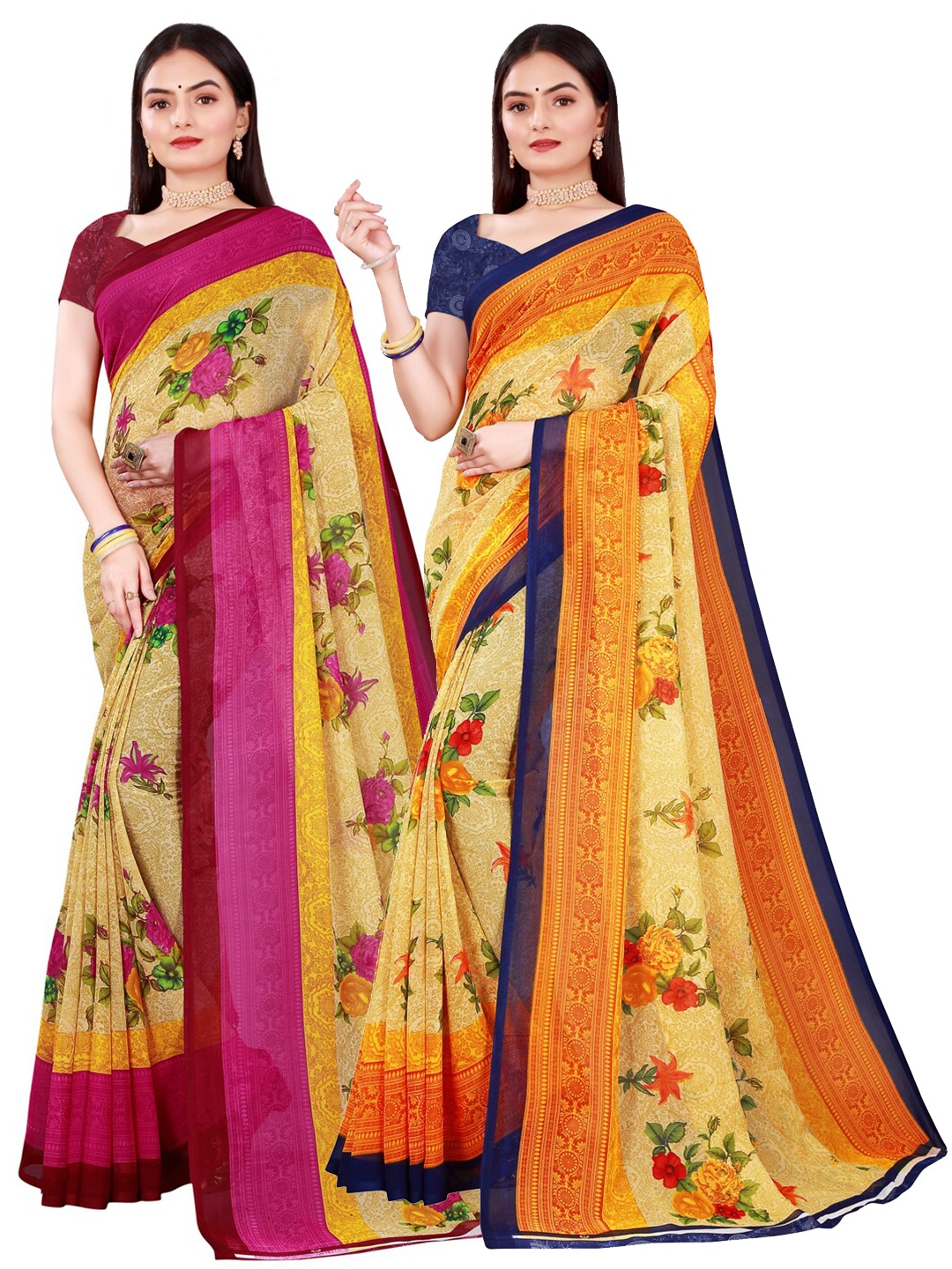 

KALINI Pack of 2 Beige & Yellow Floral Pure Georgette Saree