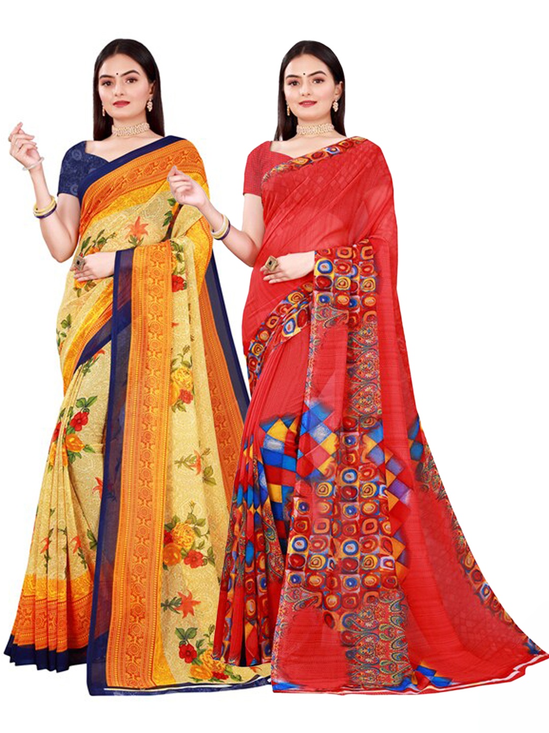 

KALINI Pack of 2 Beige & Red Pure Georgette Saree
