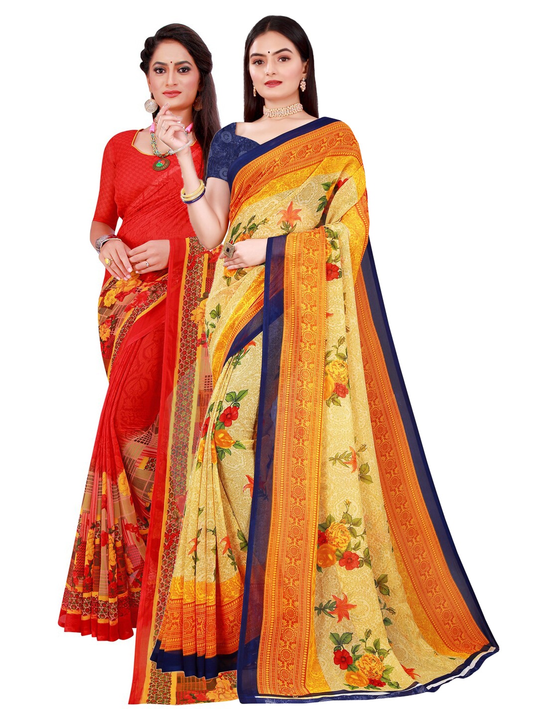 

KALINI Beige & Red Set Of 2 Printed Pure Georgette Saree