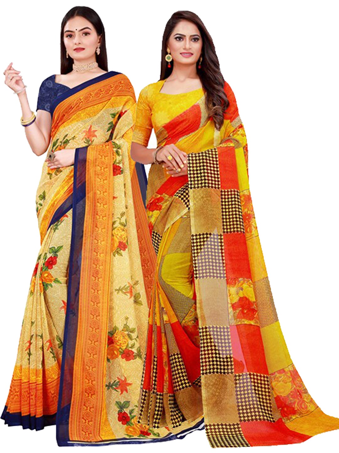 

KALINI Pack of 2 Beige & Yellow Floral Pure Georgette Saree