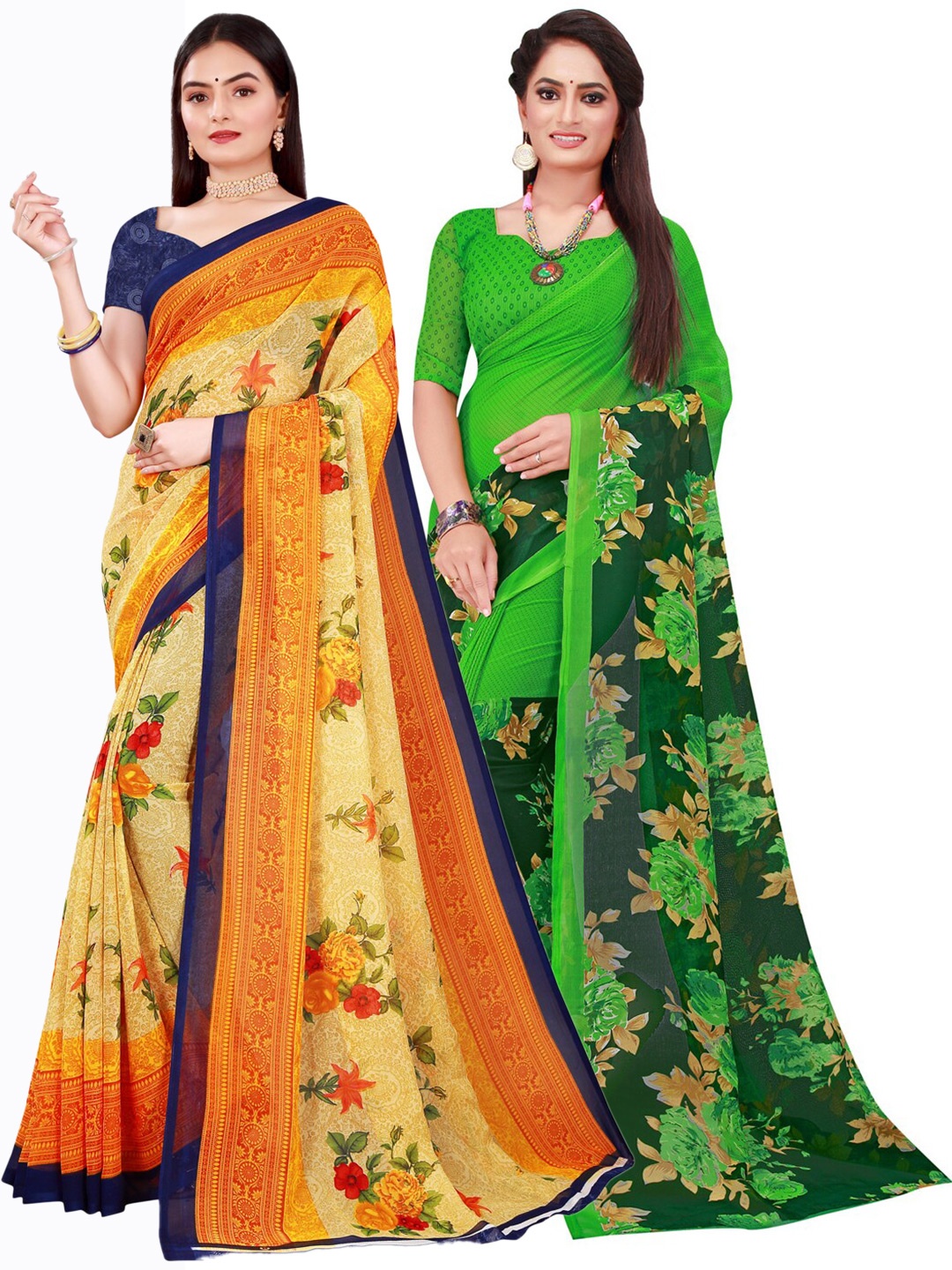 

KALINI Beige & Green Pack Of 2 Floral Pure Georgette Saree