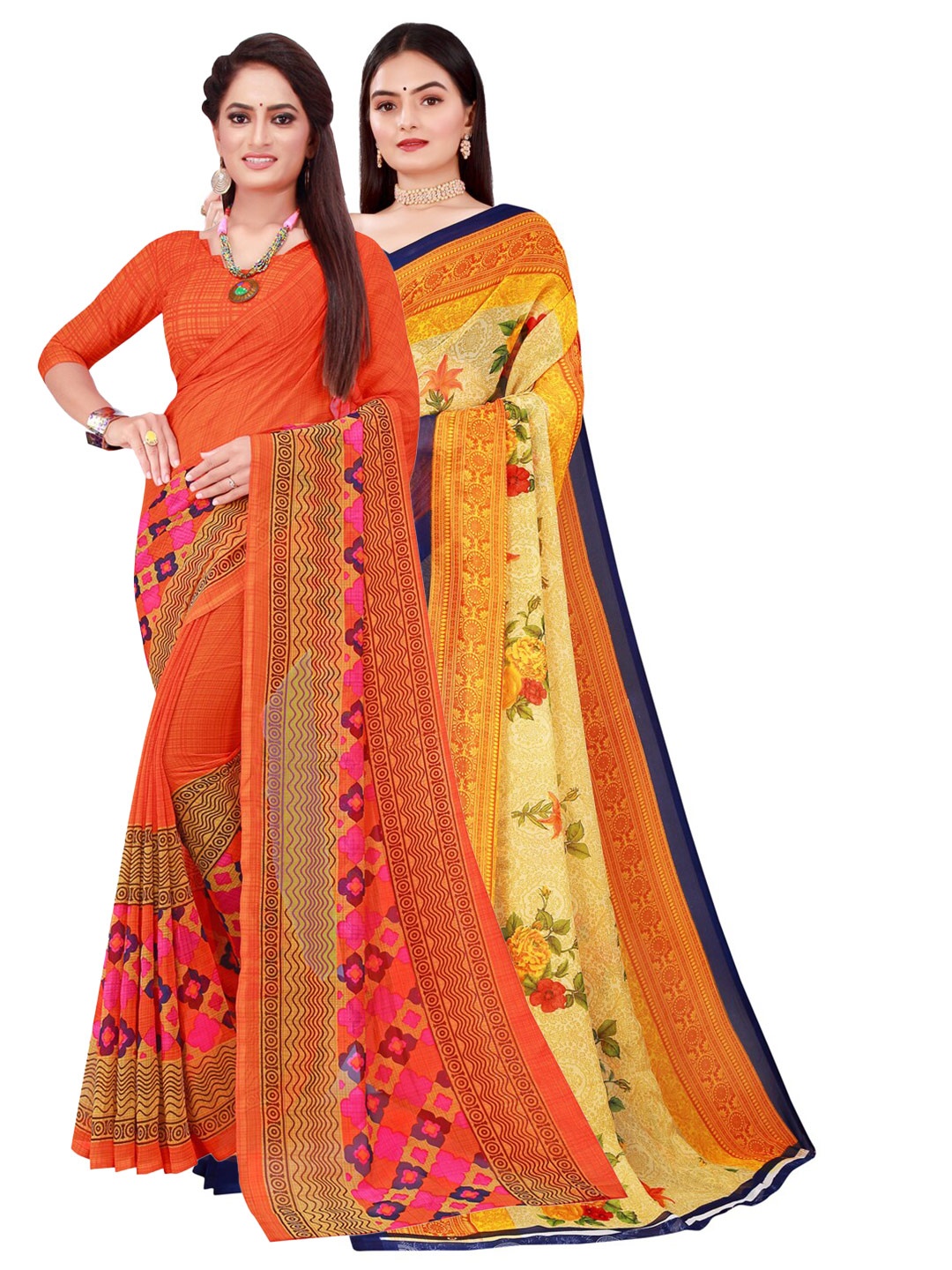 

KALINI Beige & Red Pack of 2 Floral Pure Georgette Saree