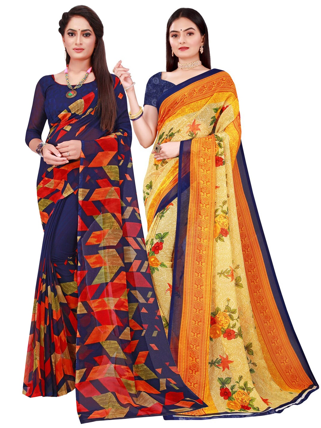 

KALINI Set Of 2 Beige & Navy Blue Floral Pure Georgette Saree