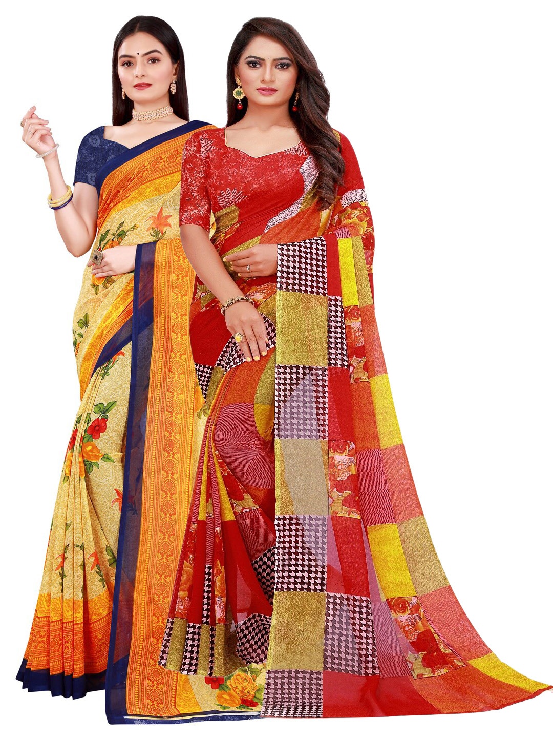 

KALINI Set Of 2 Beige & Red Floral Pure Georgette Sarees