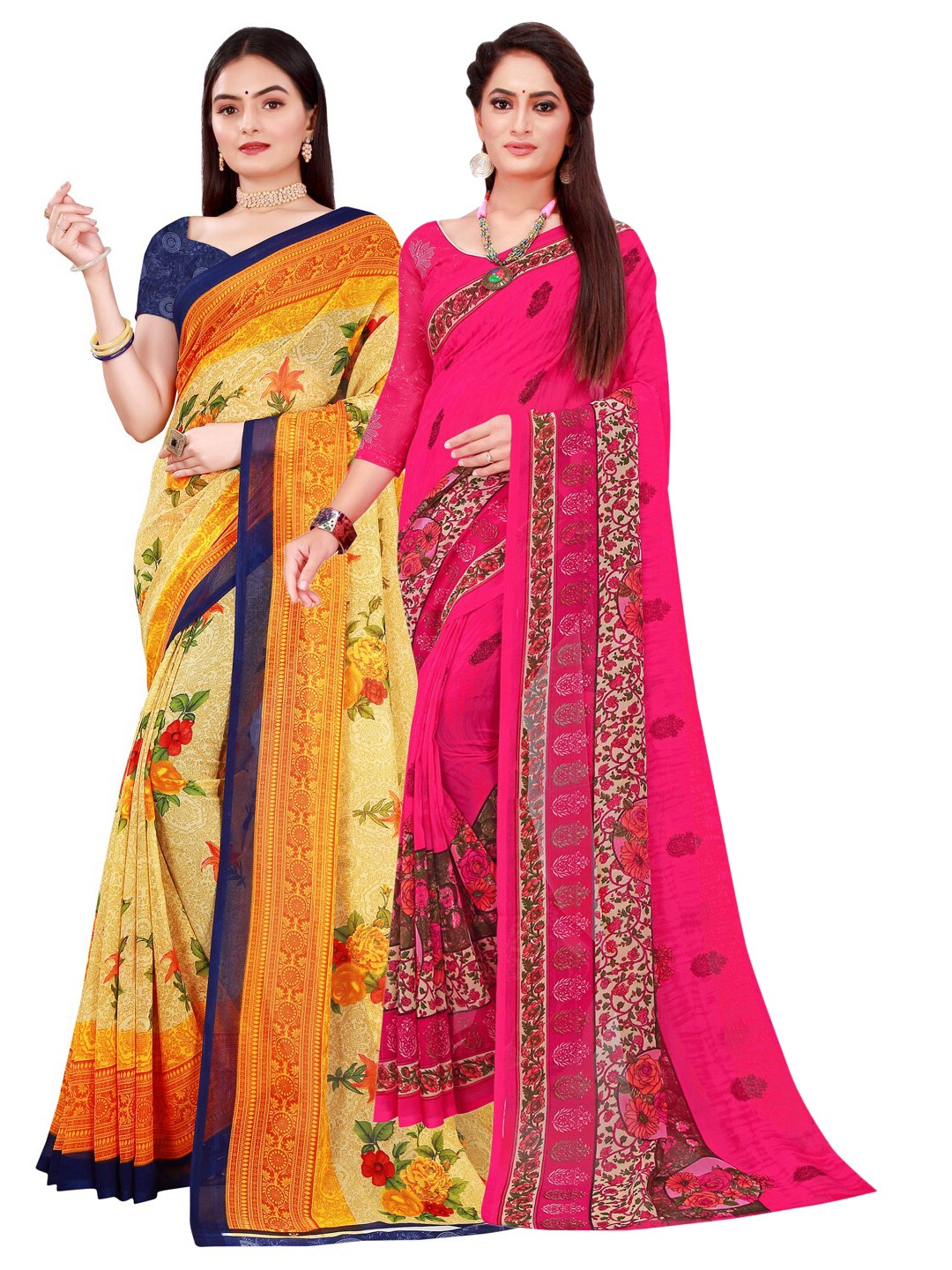 

KALINI Pack of 2 Beige & Pink Floral Pure Georgette Saree