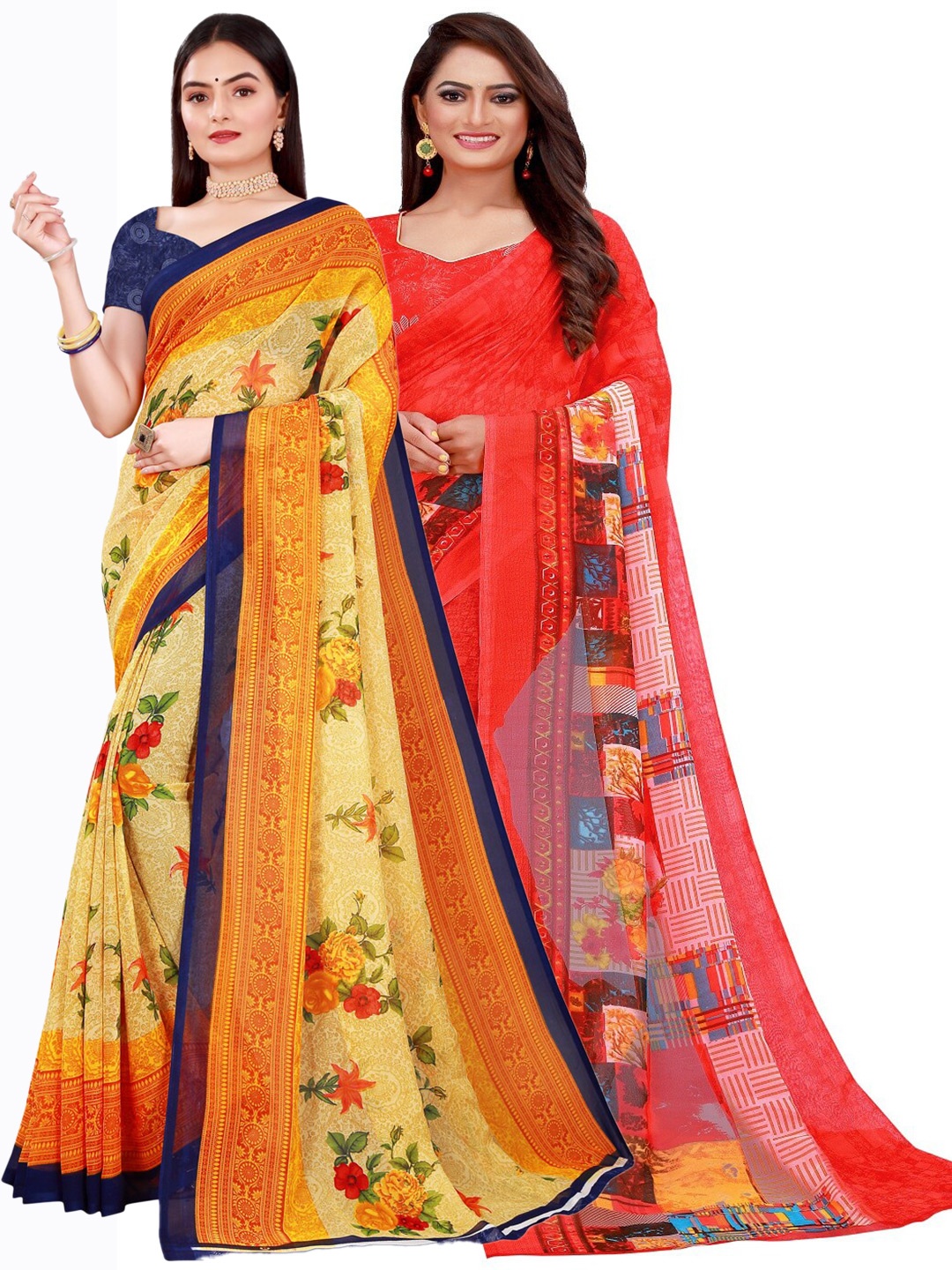 

KALINI Pack Of 2 Beige & Red Floral Pure Georgette Saree